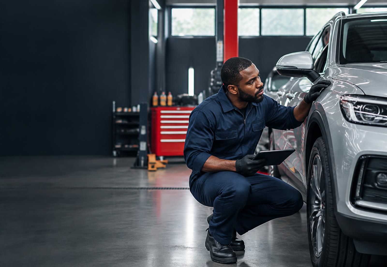 Technician inspecting a vehicle in a professional workshop