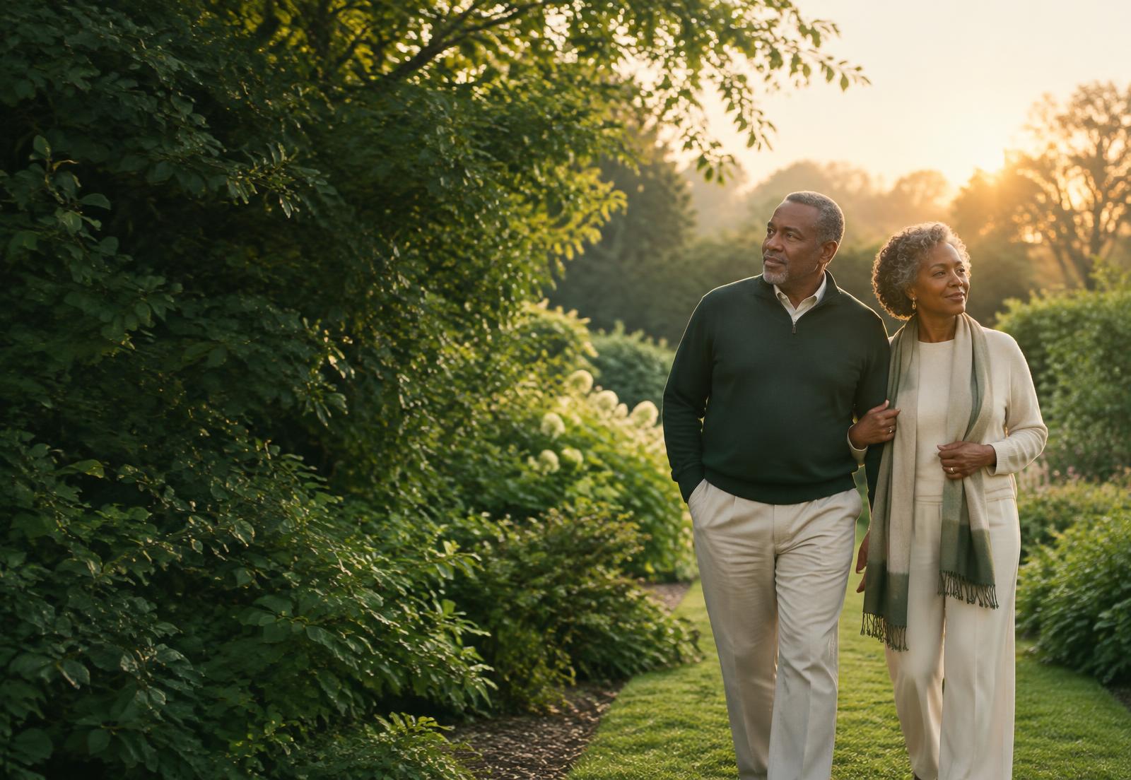 A mature couple walking peacefully in a green garden
